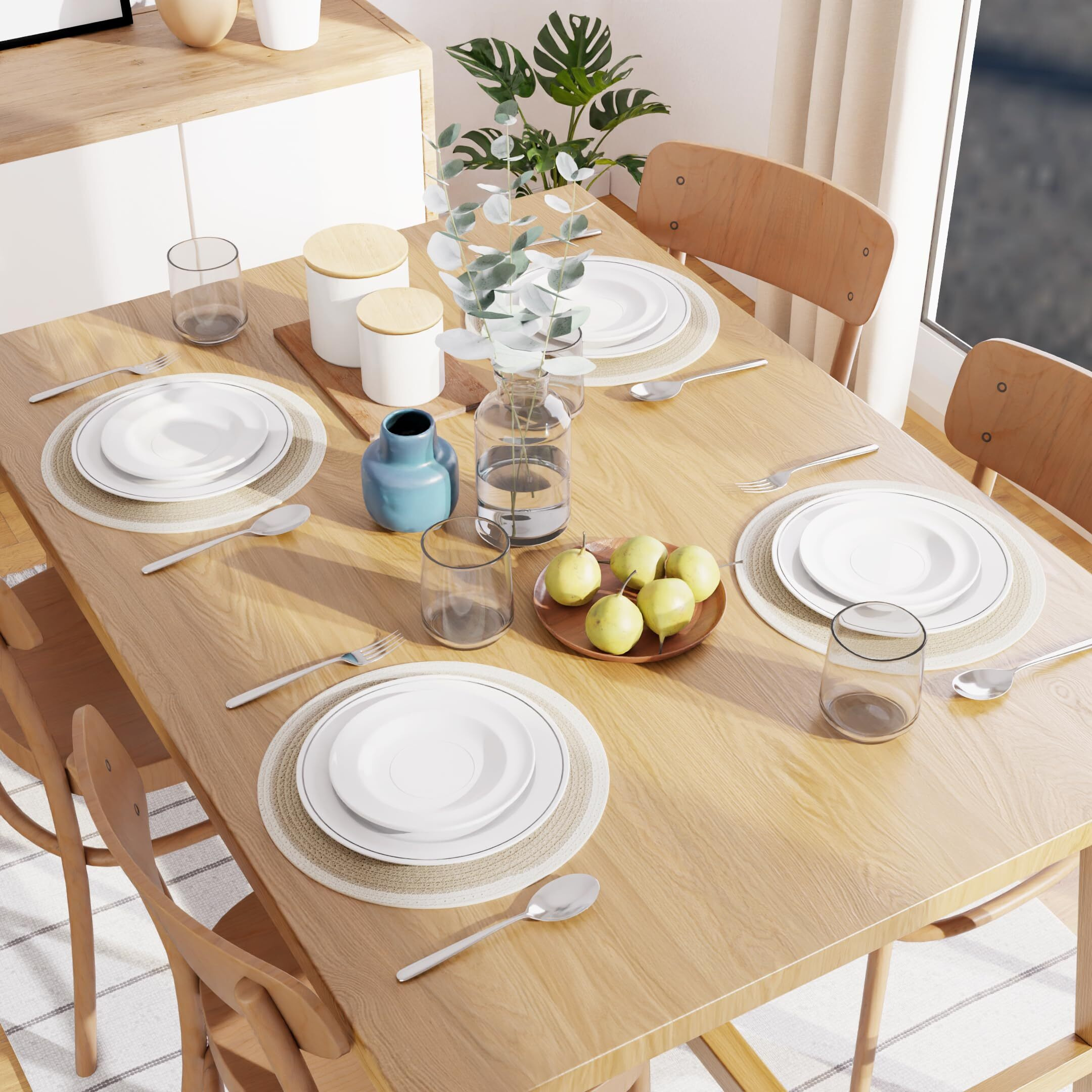 Encasa Xo Dining Table Mats Set Of 4 | Cotton Round Placemat - 35 Cm Diameter | Beige & Off White | Handmade Rib Style