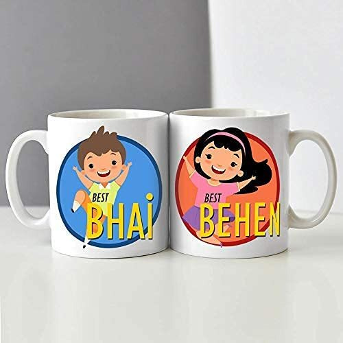 Exciting Lives - Best Bhai Behen Ceramic Coffee Mug - Gift For Rakshabandhan, Rakhi, Bhai Dooj, Birthday, Rakhi Gift For Kids, Children, Sister, Brother, Cousin, Sibling, Bhai, Bro - Set Of 2, 300 Ml