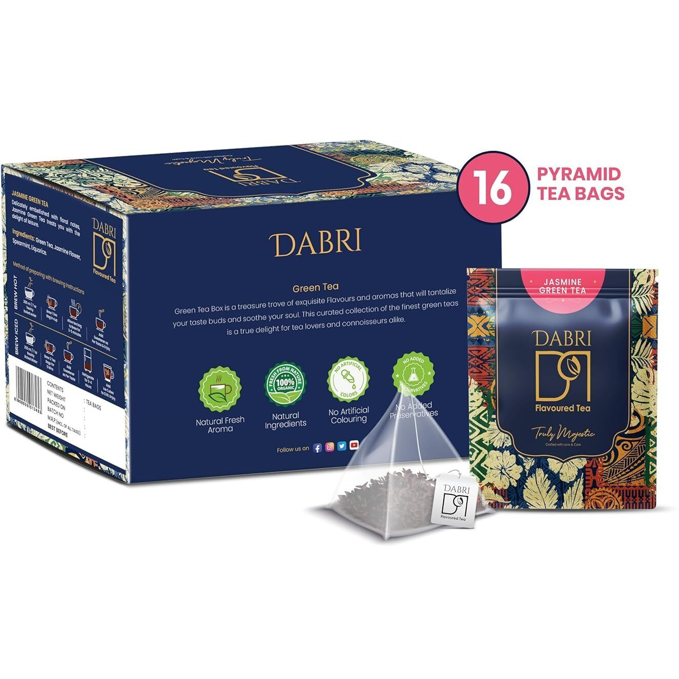 Dabri Jasmine Green Tea -16 Tea Bags(Pack Of 2)Jasmin Flowers Rich In Antioxidants Boost Your Metabolism, Brain Function,Improve Heart Health|Contains Catechins Help To Protect Against Tooth Cavities