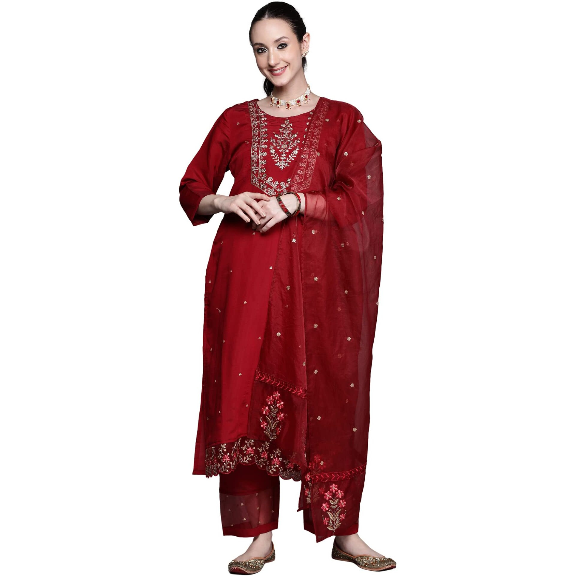 Indo Era Women's Silk Maroon Embroidered Ethnic Straight Kurta Trouser With Dupatta Set (Maroon_Kh9Mr7113_Xx-Large)
