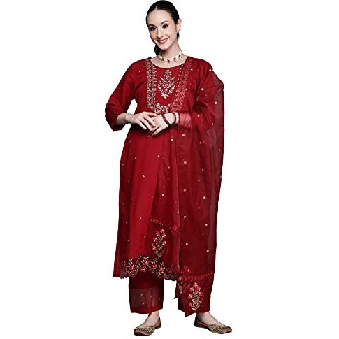Indo Era Women's Silk Maroon Embroidered Ethnic Straight Kurta Trouser With Dupatta Set (Maroon_Kh9Mr7113_Medium)