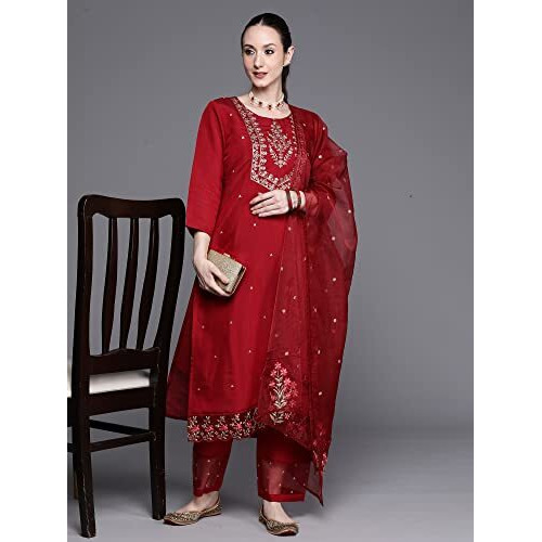 Indo Era Women's Silk Maroon Embroidered Ethnic Straight Kurta Trouser With Dupatta Set (Maroon_Kh9Mr7113_Medium)