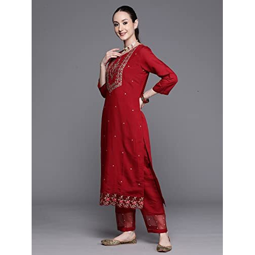 Indo Era Women's Silk Maroon Embroidered Ethnic Straight Kurta Trouser With Dupatta Set (Maroon_Kh9Mr7113_Medium)