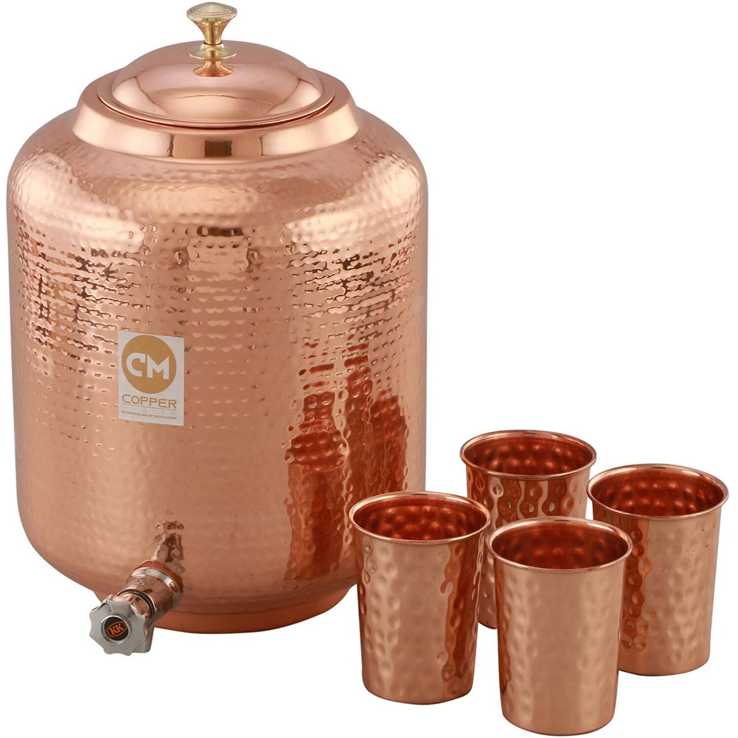 Copper-Master 14 Litre Hammered Copper Water Dispenser (Matka) Container Pot With 4 Copper Glasses Pure Copper And Ayurvedic Health Benefits (14000 Ml + 1200 Ml)
