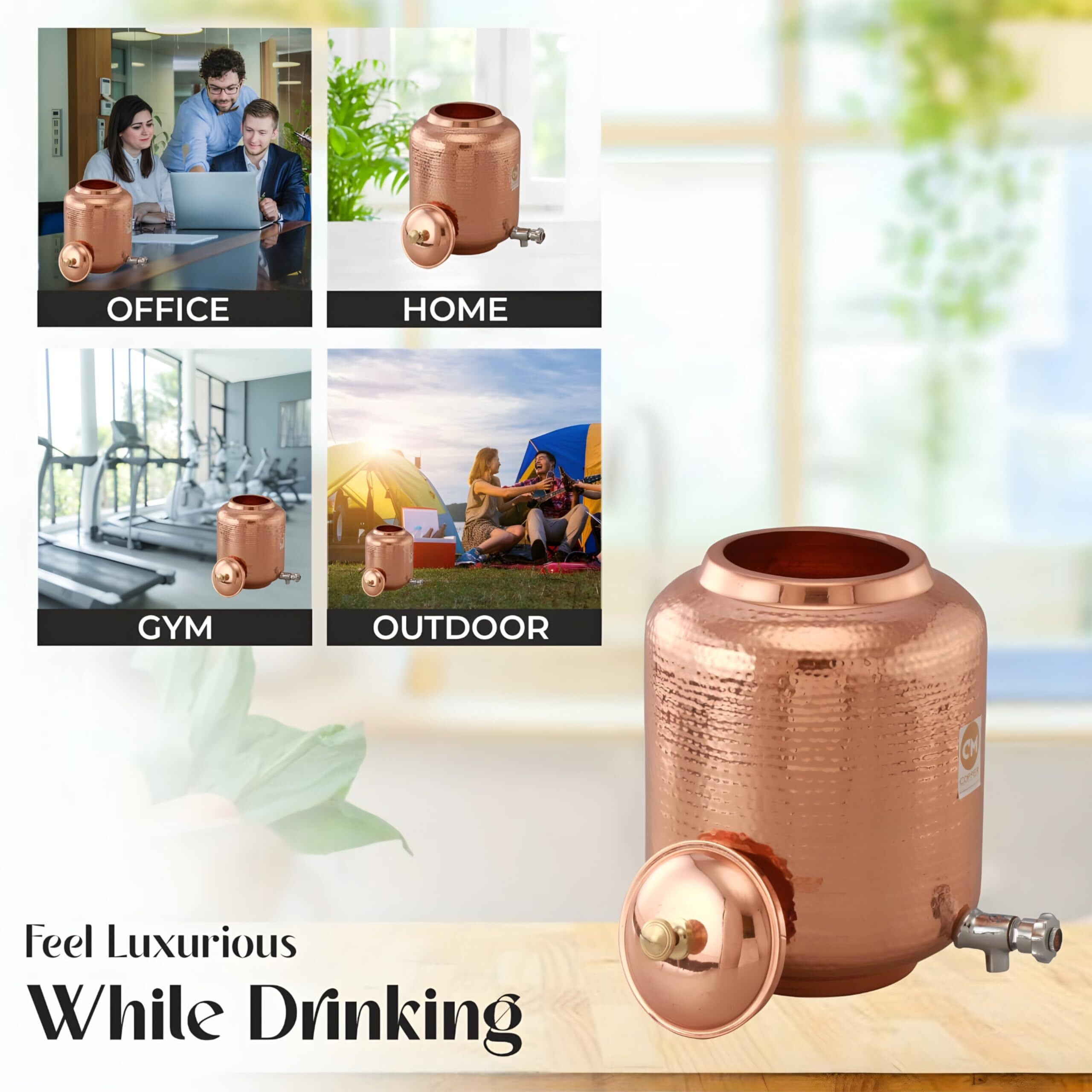 Copper-Master 14 Litre Hammered Copper Water Dispenser (Matka) Container Pot With 4 Copper Glasses Pure Copper And Ayurvedic Health Benefits (14000 Ml + 1200 Ml)