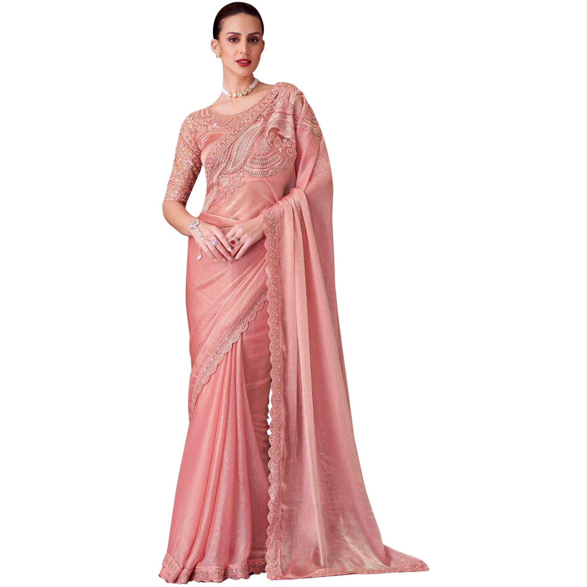 Akhilam Women's Peach Pure Chiffon Embroidered Saree With Unstitched Blouse (Silver30016_Tfh)