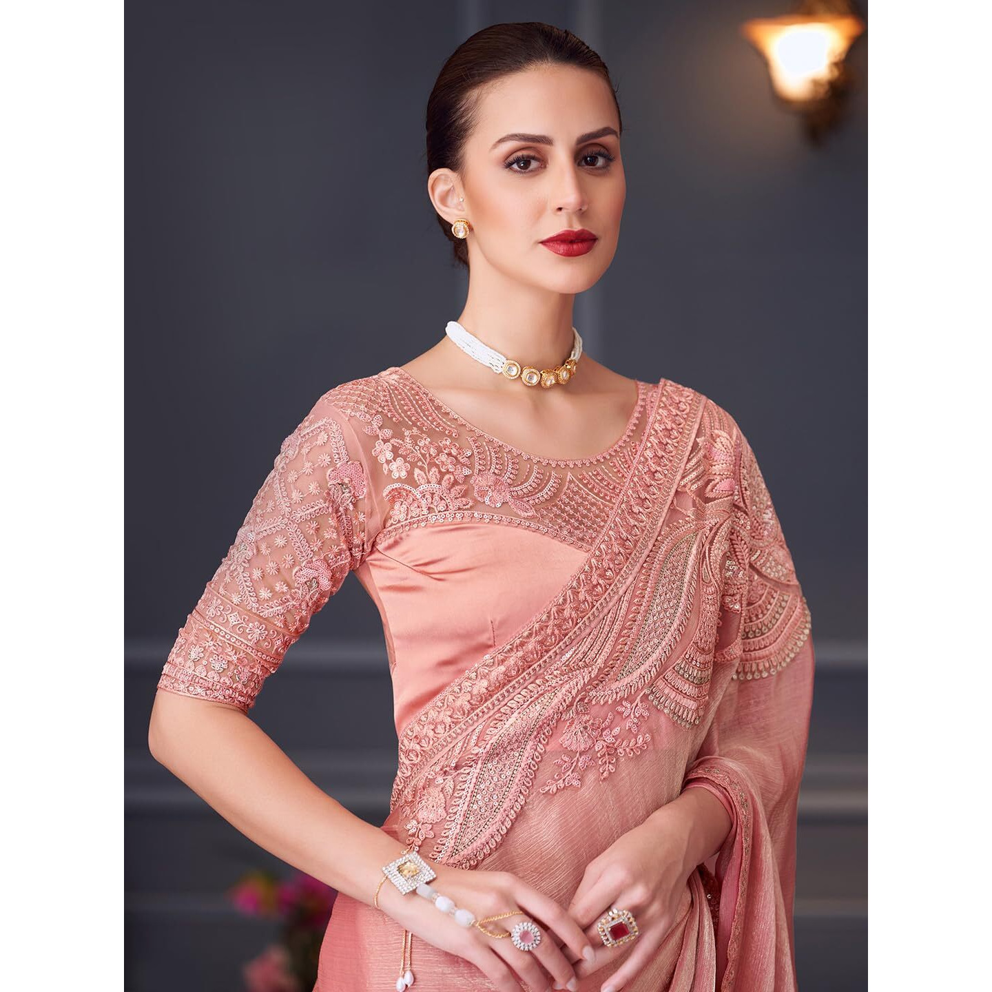 Akhilam Women's Peach Pure Chiffon Embroidered Saree With Unstitched Blouse (Silver30016_Tfh)