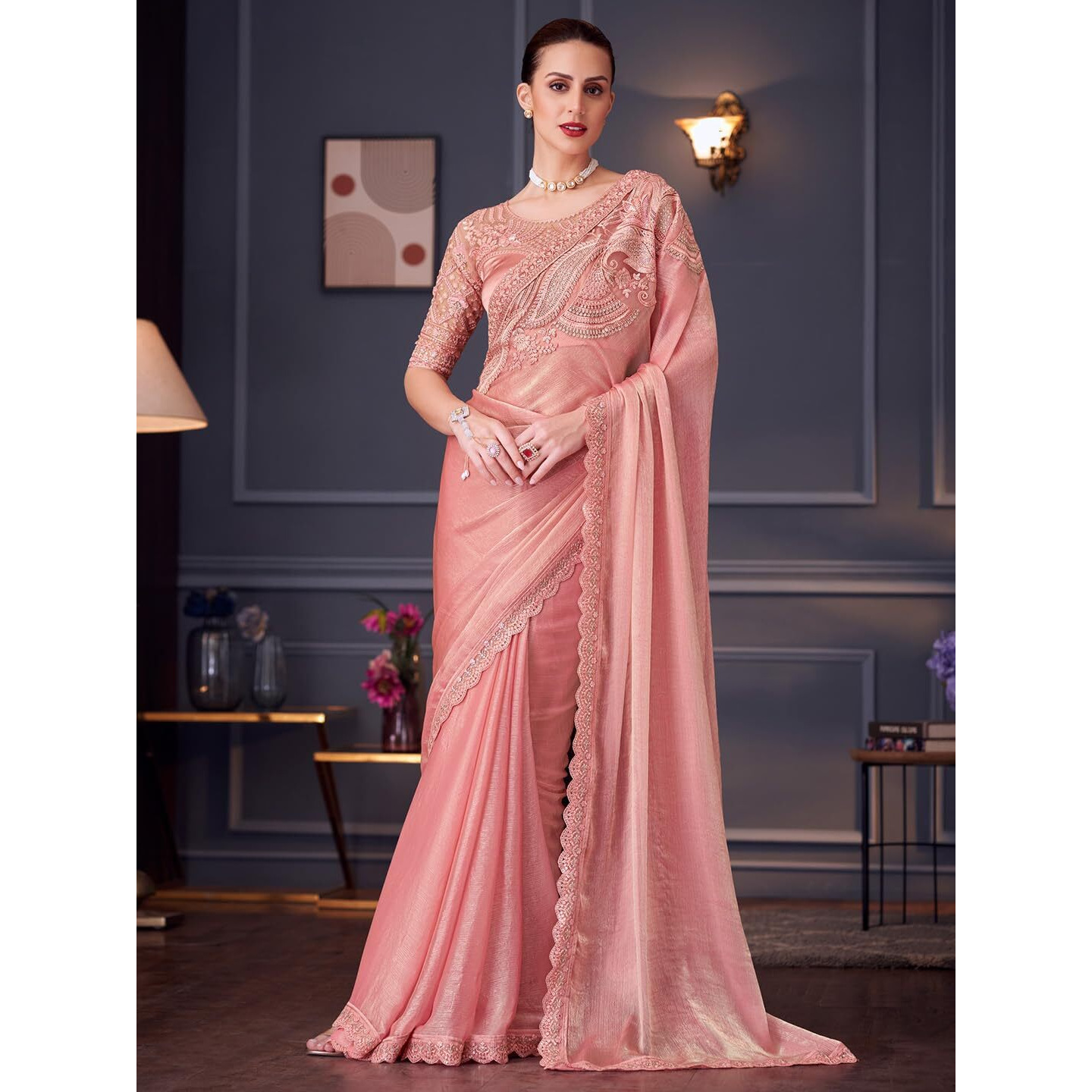 Akhilam Women's Peach Pure Chiffon Embroidered Saree With Unstitched Blouse (Silver30016_Tfh)