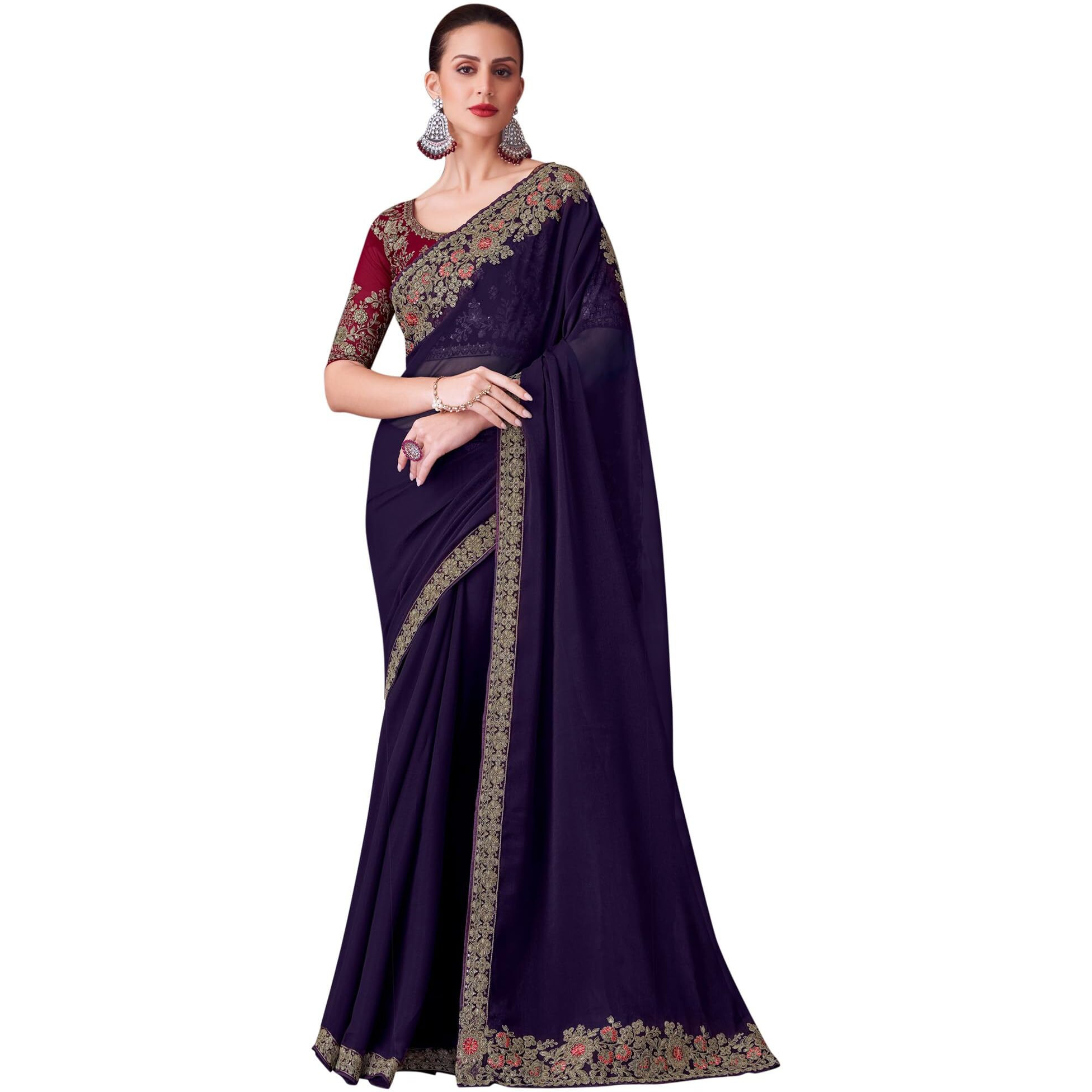Akhilam Women's Purple Pure Georgette Embroidered Saree With Unstitched Blouse (Silver30006_Tfh)