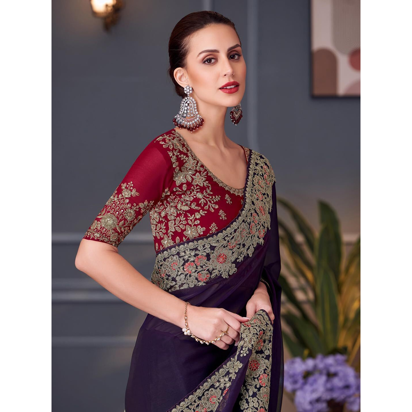 Akhilam Women's Purple Pure Georgette Embroidered Saree With Unstitched Blouse (Silver30006_Tfh)