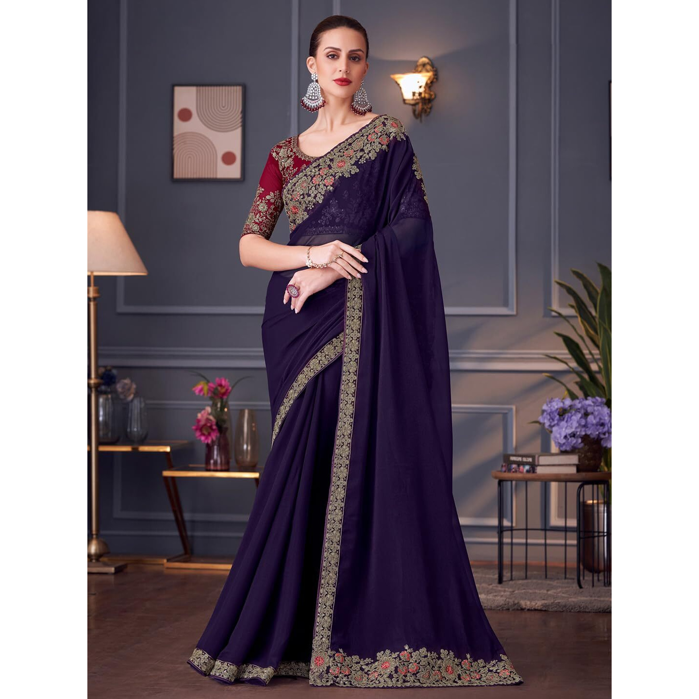 Akhilam Women's Purple Pure Georgette Embroidered Saree With Unstitched Blouse (Silver30006_Tfh)