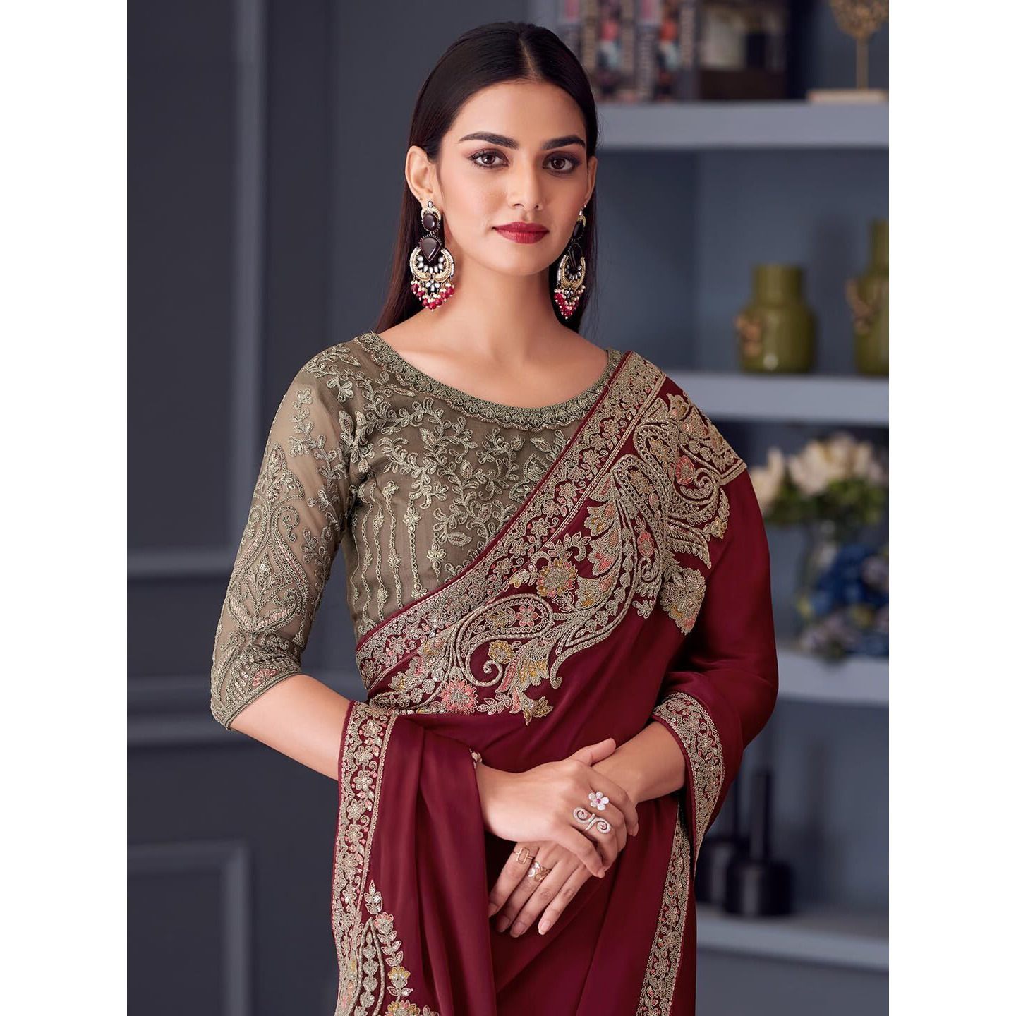 Akhilam Women's Maroon Satin Embroidered Saree With Unstitched Blouse (Silver30001_Tfh)