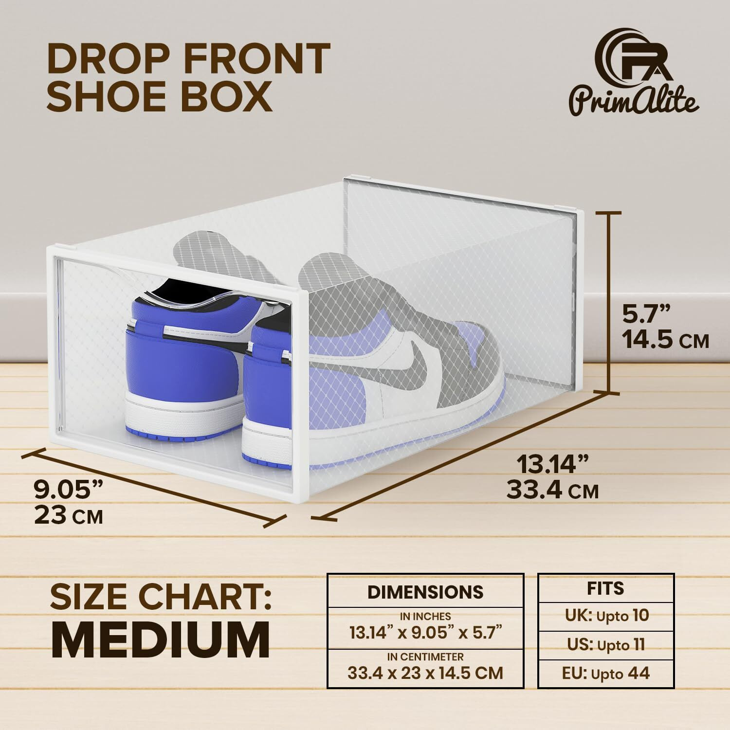 Primalite Drop Front Clik Stackable Shoe Storage Box- 12 Pack,Plastic Rectangular Foldable Rack Stand Container For Closet|Fits Shoes,Flats,Sneakers,Sports Shoe-Upto Uk 10|Us 11,33.4 X 23 X 14.5 Cm