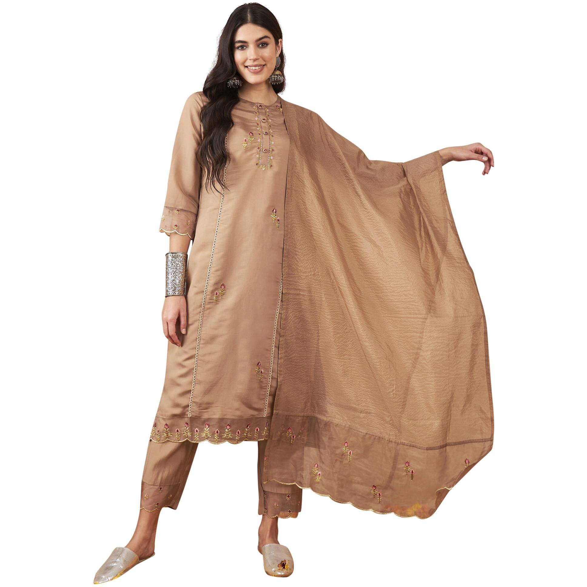 Indo Era Women's Cotton Beige Embroidered Straight Kurta Trousers With Dupatta Set (Kh9Be8852_Xx-Large)