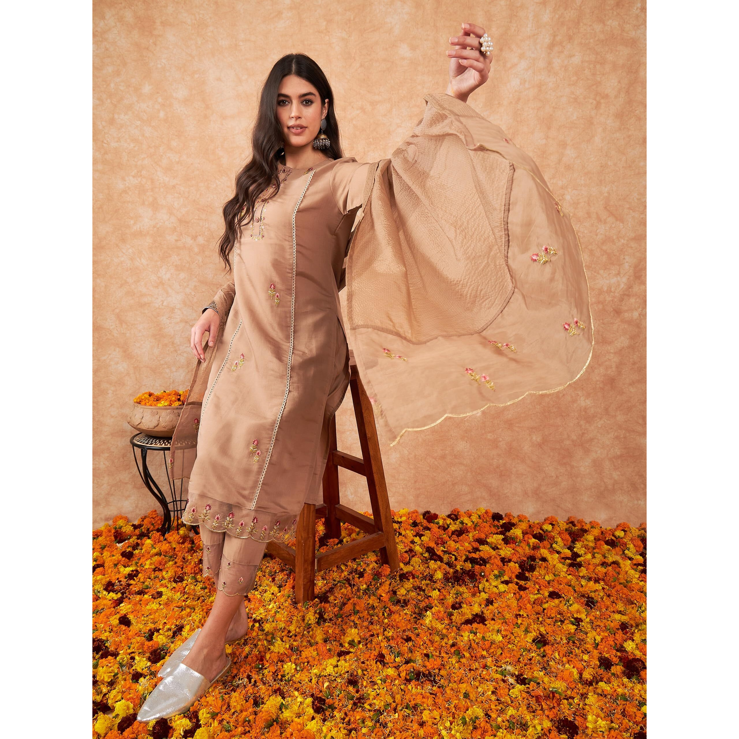 Indo Era Women's Cotton Beige Embroidered Straight Kurta Trousers With Dupatta Set (Kh9Be8852_Xx-Large)