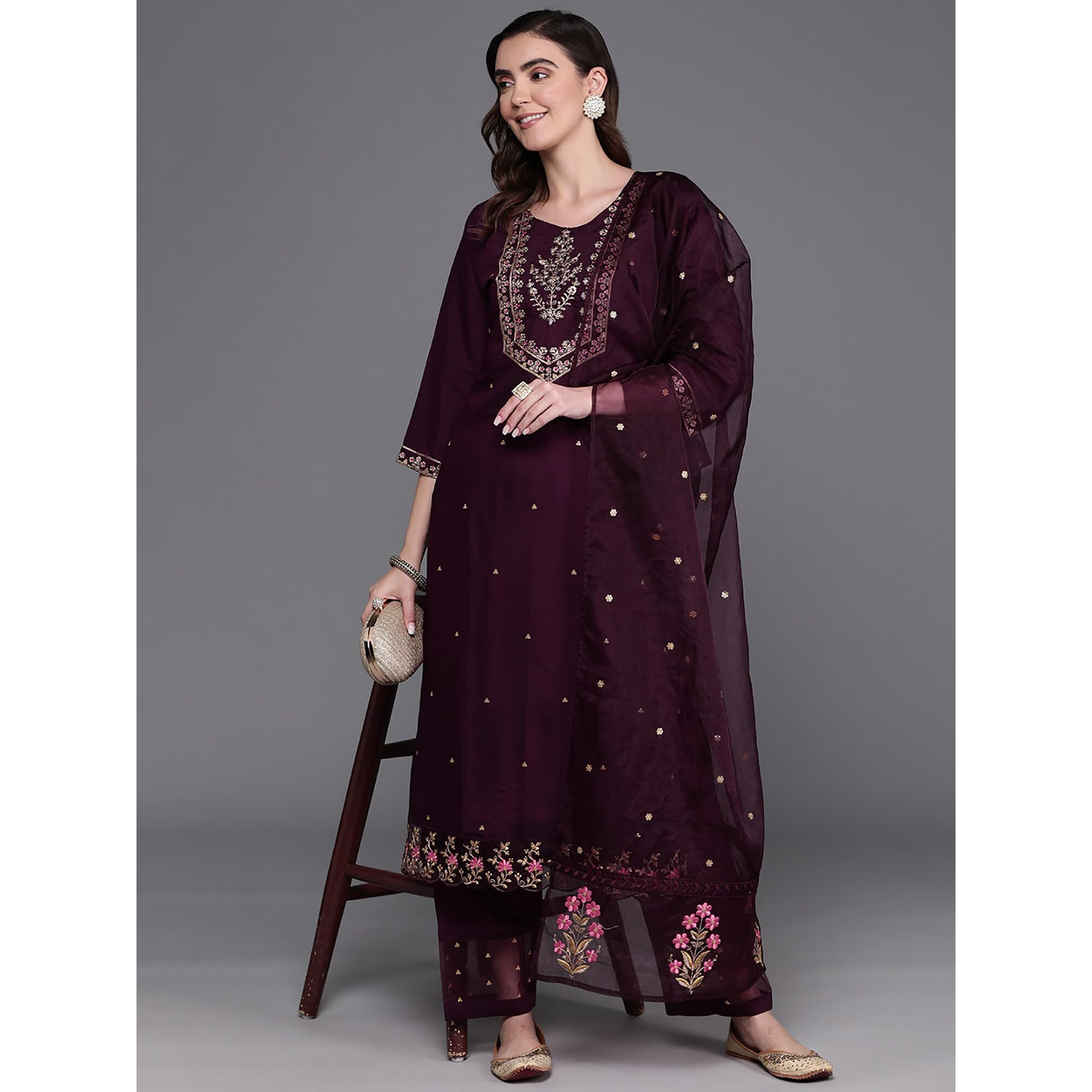 Indo Era Wine Straight Embroidered Poly Silk Kurta Trouser With Dupatta Set For Women (Kh9Wn7195_Medium)