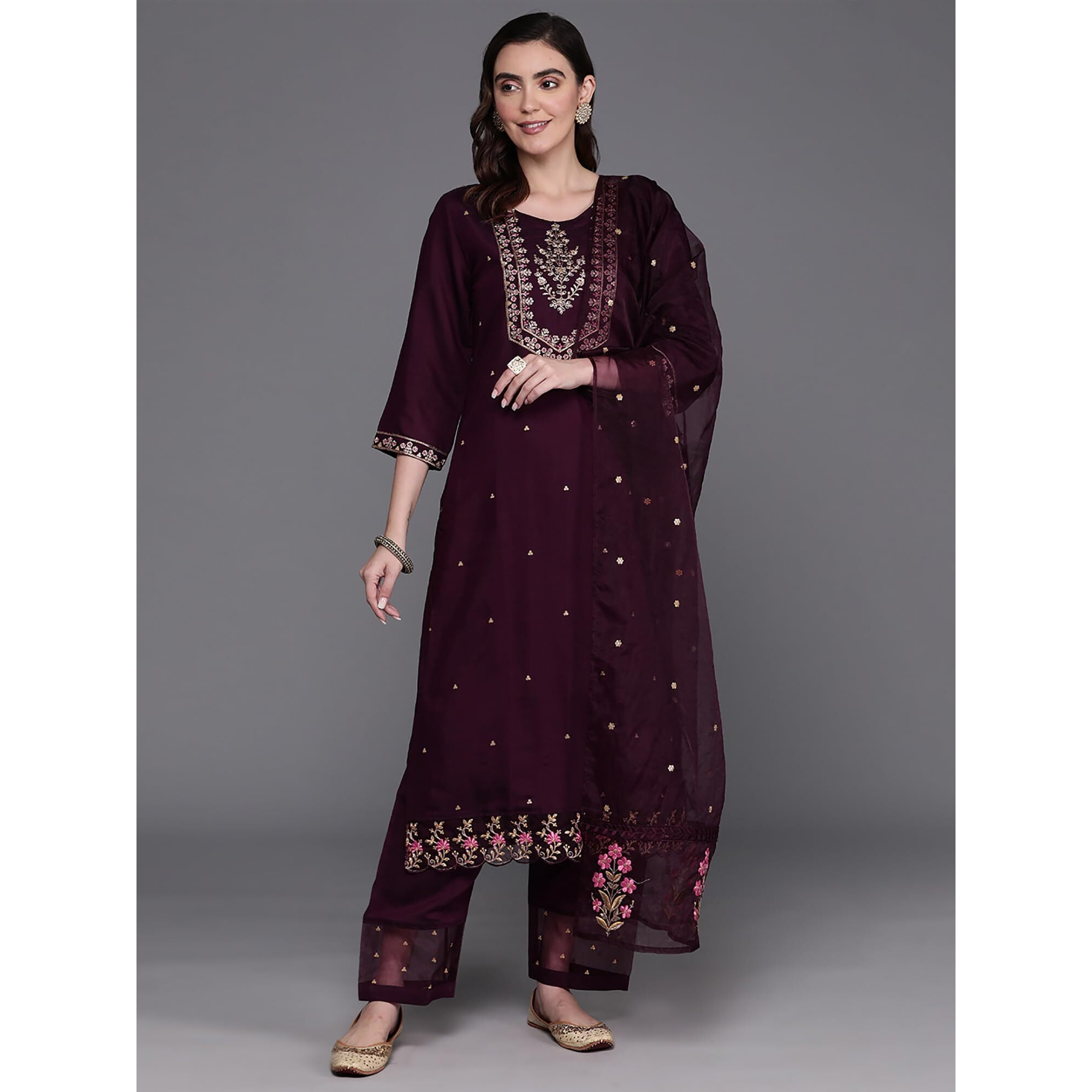 Indo Era Wine Straight Embroidered Poly Silk Kurta Trouser With Dupatta Set For Women (Kh9Wn7195_Medium)
