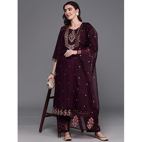Indo Era Wine Straight Fit Embroidered Poly Silk Kurta Trouser With Dupatta Set For Women (Kh9Wn7195_Small)