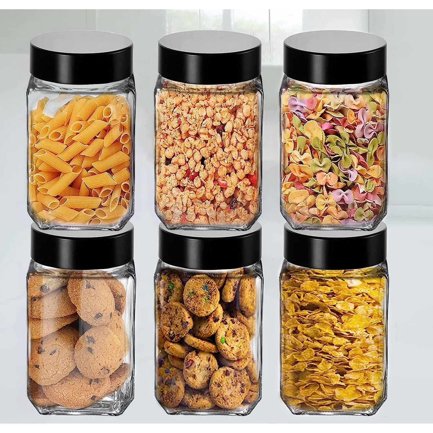 Feelopie Piramal Glass Square Clear Jars & Containers For Kitchen Pantry,Snacks,Masala,Honey,Pickles,Cookies,Dry Fruits,Coffee Beans Storage With Black Color Plastic Lid (Cube Jar)(300Ml,Set Of 6)