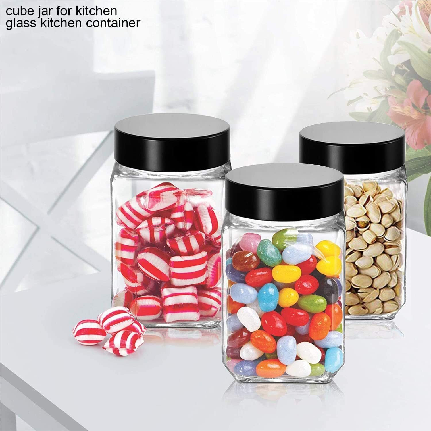 Feelopie Piramal Glass Square Clear Jars & Containers For Kitchen Pantry,Snacks,Masala,Honey,Pickles,Cookies,Dry Fruits,Coffee Beans Storage With Black Color Plastic Lid (Cube Jar)(300Ml,Set Of 6)
