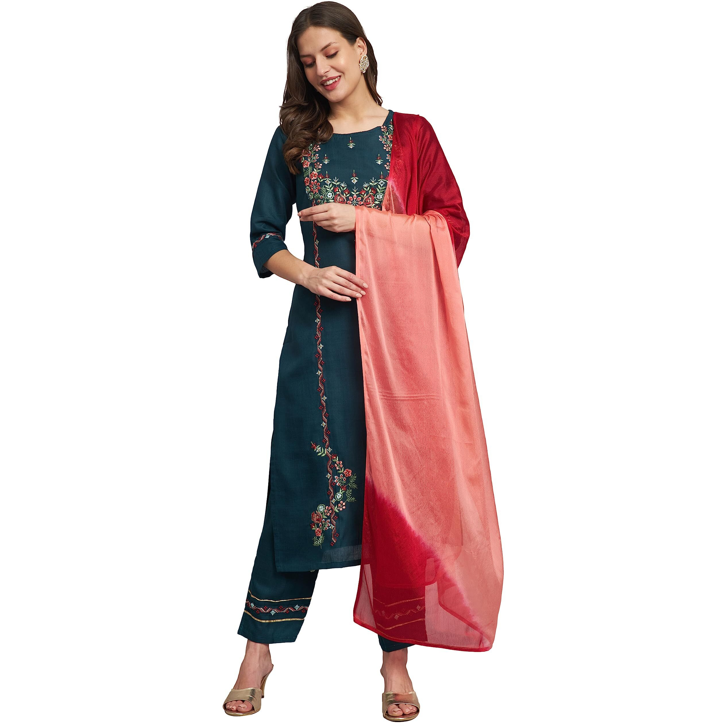 Vredevogel Women's Cotton Blend Embroidered Kurta Pant Set With Dupatta (Teal_Medium)