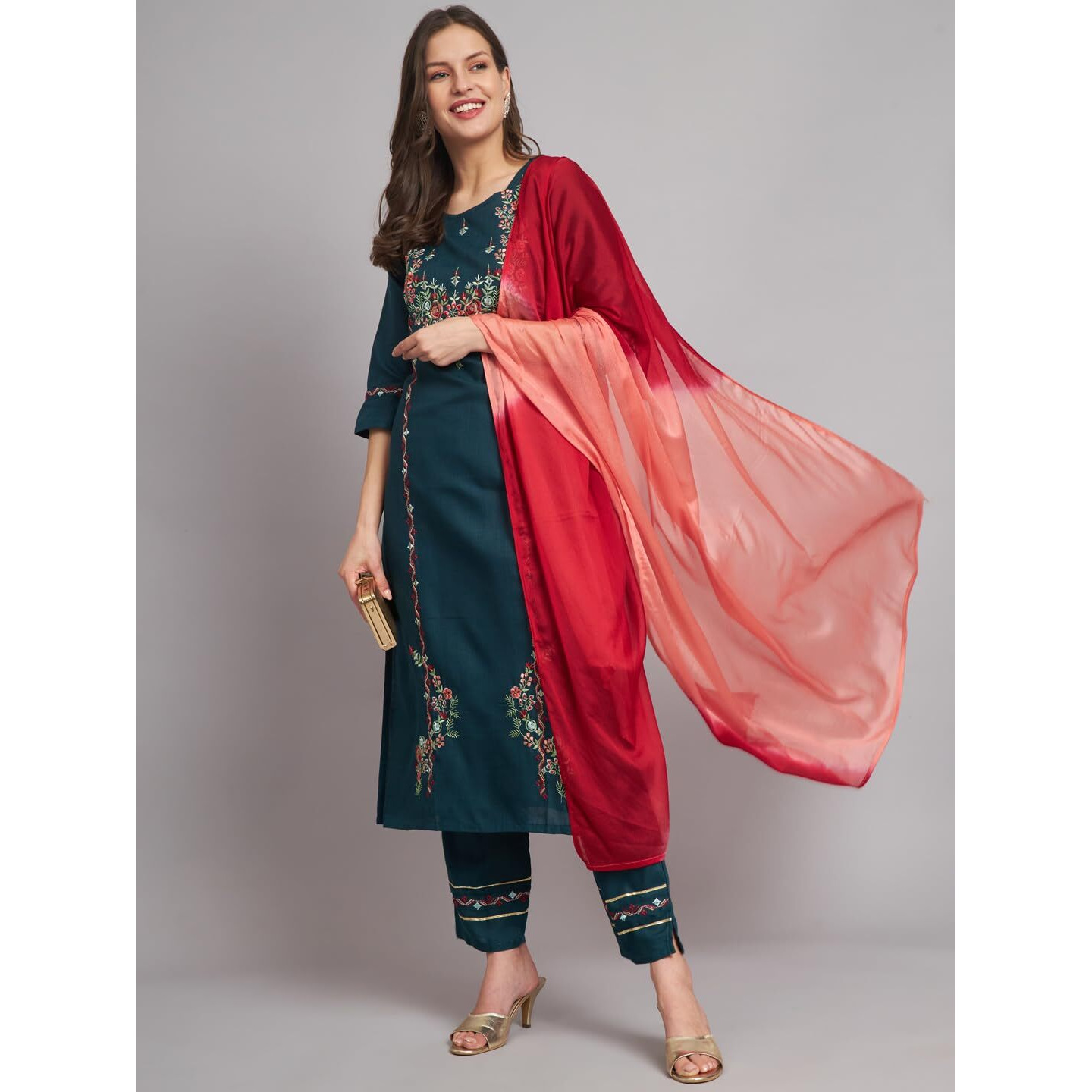Vredevogel Women's Cotton Blend Embroidered Kurta Pant Set With Dupatta (Teal_Medium)