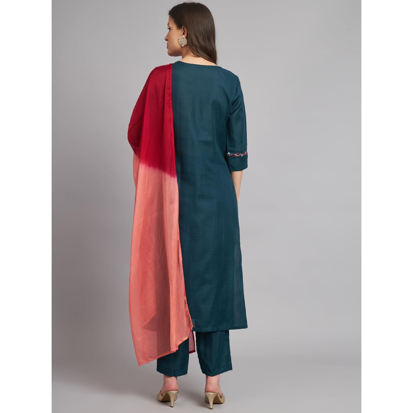 Vredevogel Women's Cotton Blend Embroidered Kurta Pant Set With Dupatta (Teal_Medium)