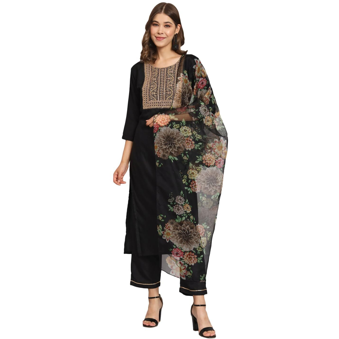 Vredevogel Women's Cotton Blend Embroidered Kurta With Pant & Organza Dupatta Set (Black_Large)