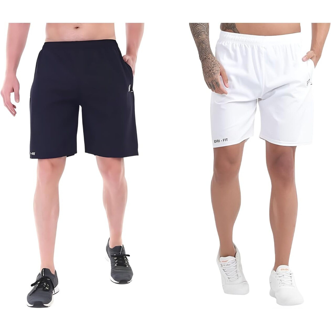 Blue Star Shark Athletic Sports Shorts For Men With Zip Pockets And Elastic Waistband Quick Dry Lightweight Activewear Combo - Pack Of 2 (Color Blue And White, SizeL)