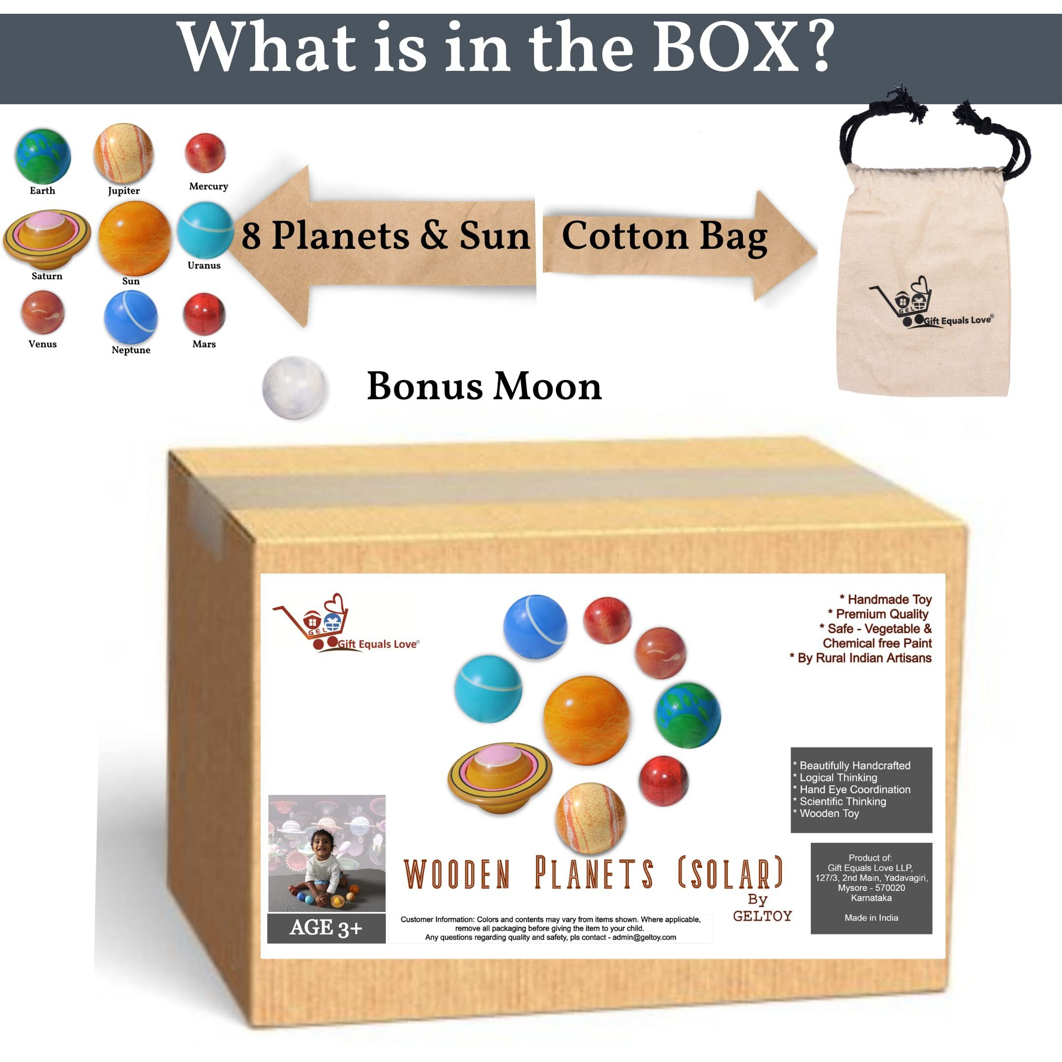 Gift Equals Love Wooden Planets Science Set Solar System Handmade Toy For Kids 3+ With A Cotton Bag For Indoor Play And Gifting Educational Montessori Learning Model Kit