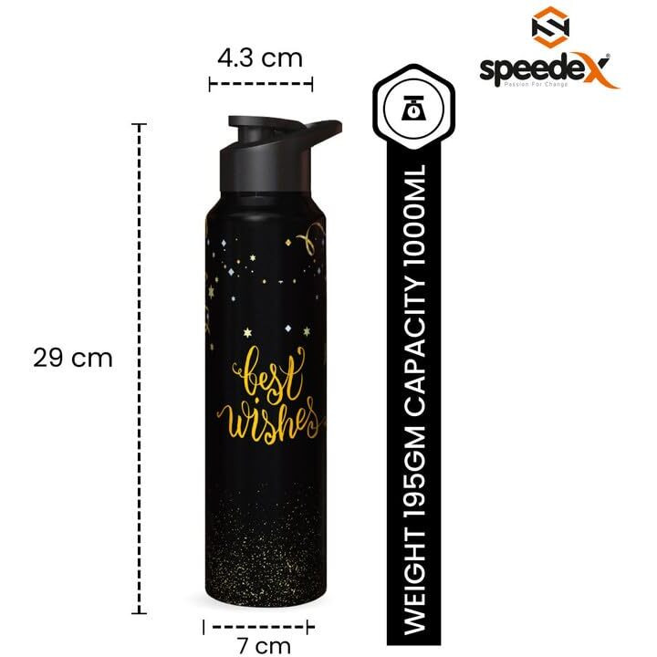 Speedex Printed Water Bottle 1 Ltr, Capacity, Stainless Steel Sipper Bottles For Girls And Boys, Adults & Kids, Gym, Sports, Fridge Use, School & Office - (1000Ml, Black, Pack Of 1)