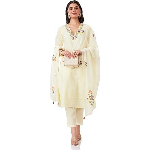 Amazon Brand - Myx Women's Embroidered Cotton Kurta Pant Set With Dupatta (Ss25-Myx-Shu-Ks-06_White_2Xl)