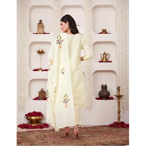 Amazon Brand - Myx Women's Embroidered Cotton Kurta Pant Set With Dupatta (Ss25-Myx-Shu-Ks-06_White_2Xl)