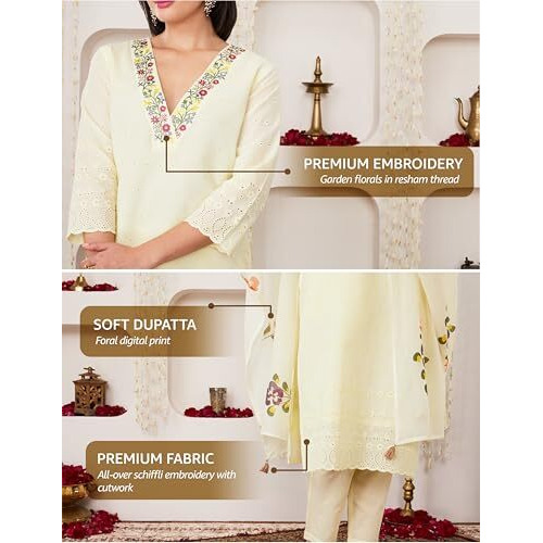 Amazon Brand - Myx Women's Embroidered Cotton Kurta Pant Set With Dupatta (Ss25-Myx-Shu-Ks-06_White_2Xl)
