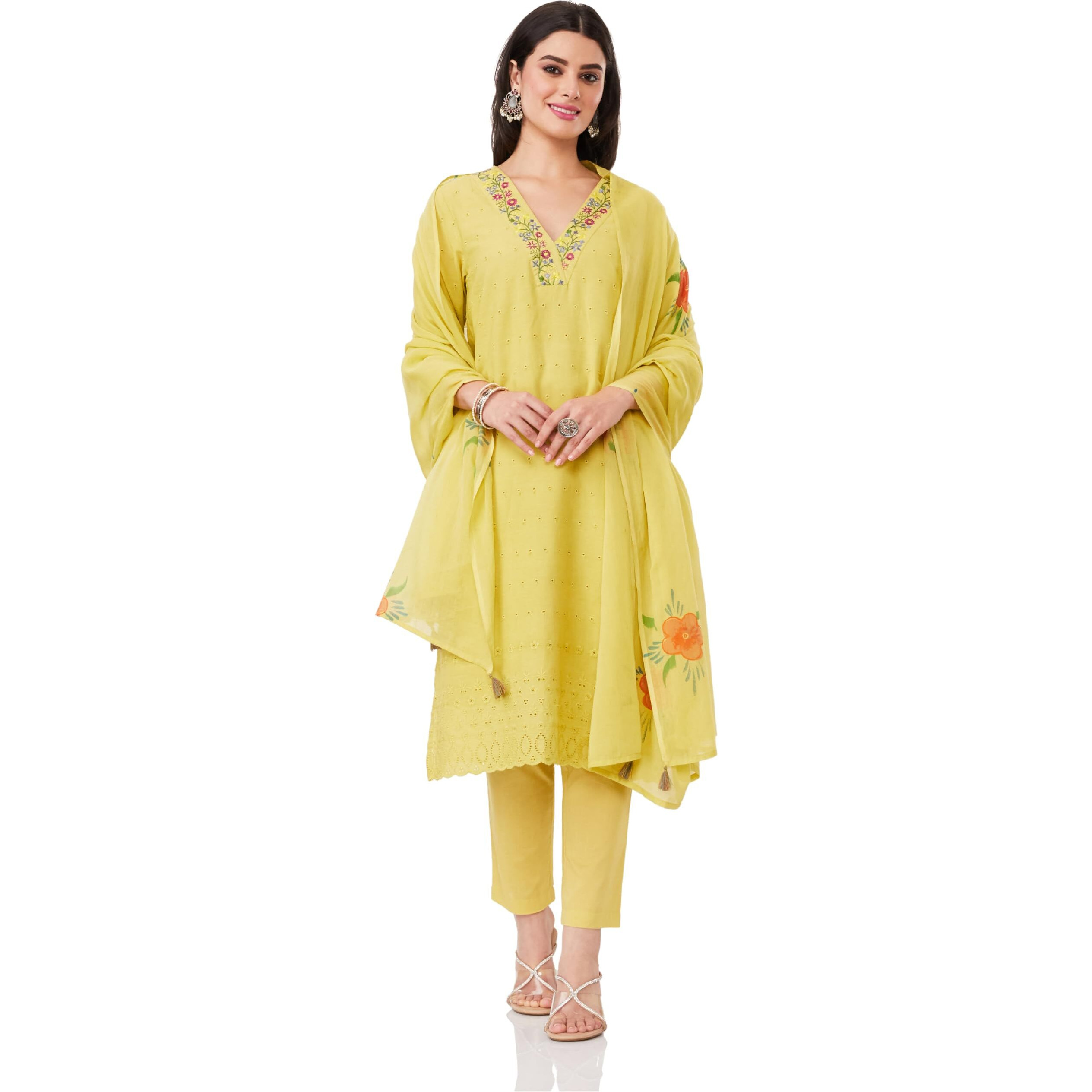Amazon Brand - Myx Women's Embroidered Cotton Kurta Pant Set With Dupatta (Ss25-Myx-Shu-Ks-06_Pastel Yellow_2Xl)