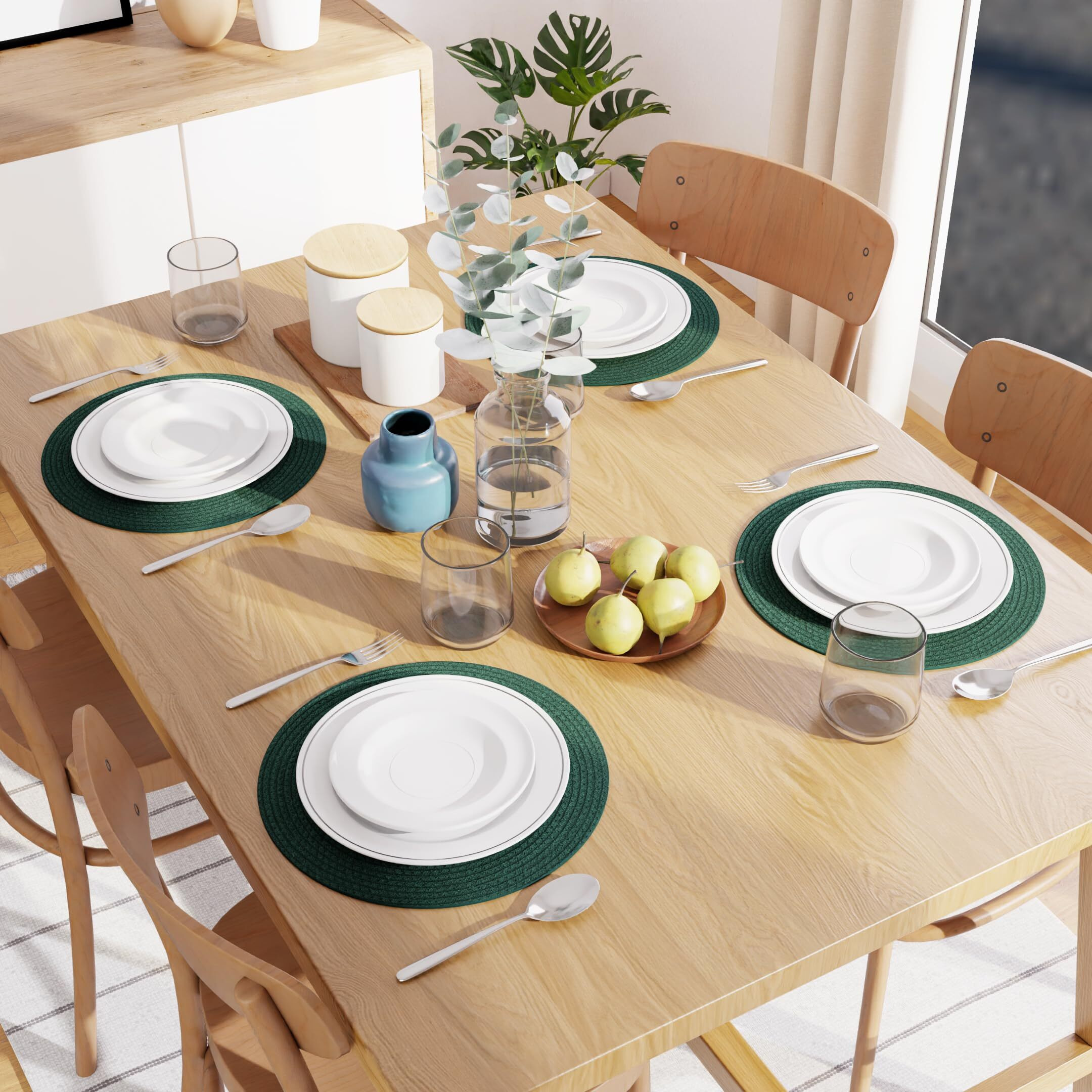 Encasa Xo Dining Table Mats Set Of 4 | Cotton Round Placemat - 33 Cm Diameter | Dark Green | Handmade Rib Style