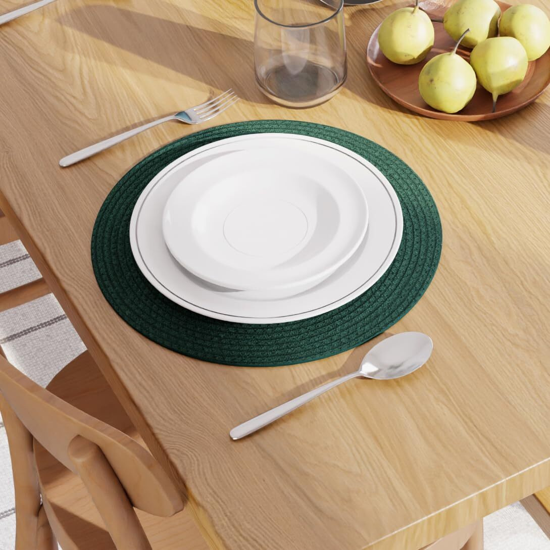 Encasa Xo Dining Table Mats Set Of 4 | Cotton Round Placemat - 33 Cm Diameter | Dark Green | Handmade Rib Style