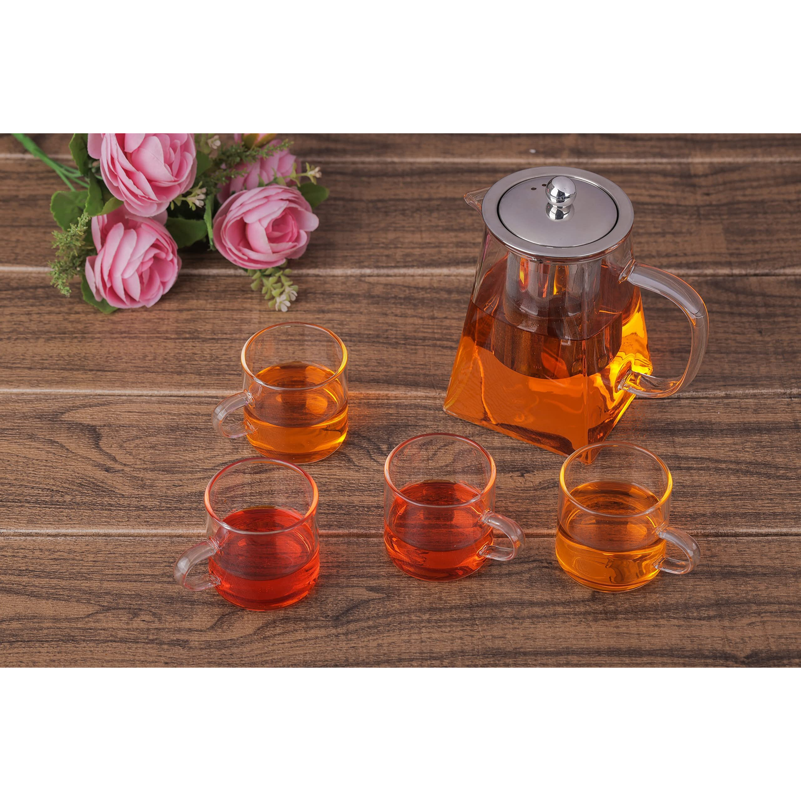 Zroy Enterprise Borosilicate Glass Square Tea Pot With Heat Resistant Stainless Steel Infuser Perfect For Tea And Coffee Maker, Clear Glass Kettle With 4 Cups (550 Ml, Square Kettle With Cups)