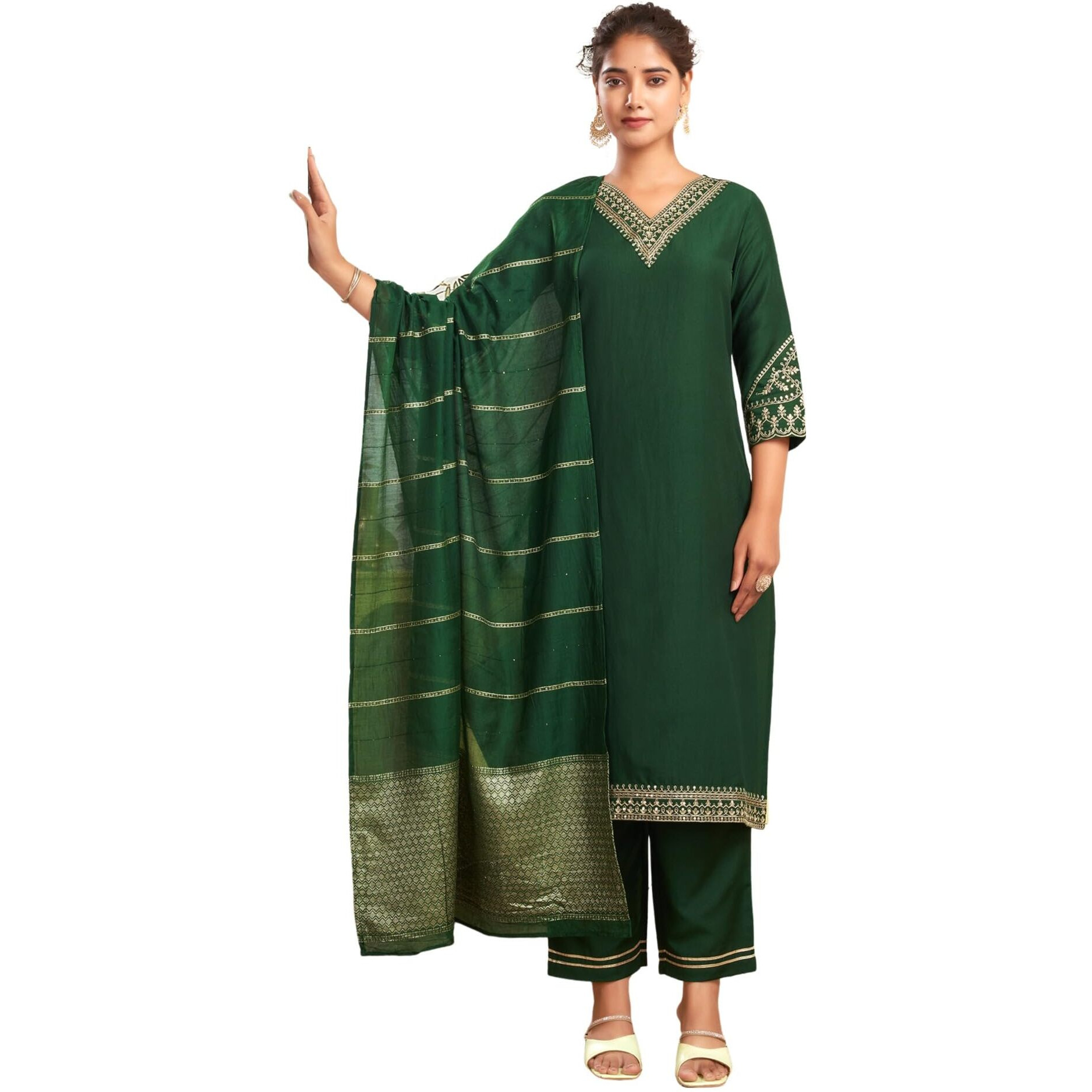Siril Women's Cotton Silk Sequence Embroidered Work Straight Kurta Pant With Dupatta Set (201Kbd2134-S_Dark Green)