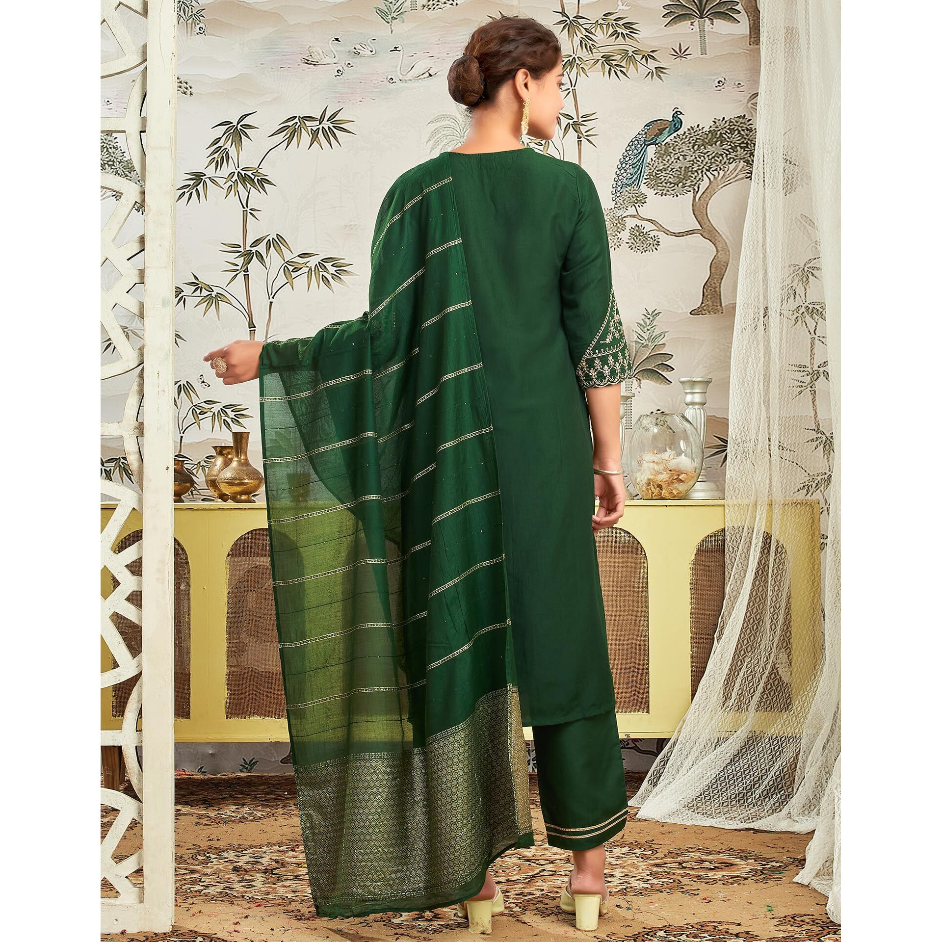 Siril Women's Cotton Silk Sequence Embroidered Work Straight Kurta Pant With Dupatta Set (201Kbd2134-S_Dark Green)