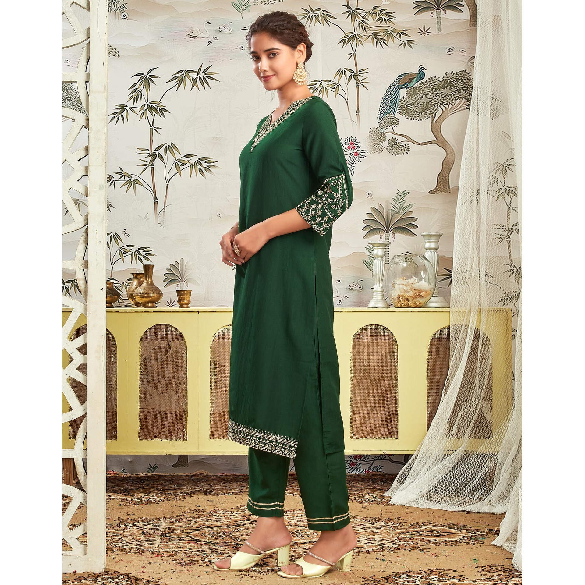 Siril Women's Cotton Silk Sequence Embroidered Work Straight Kurta Pant With Dupatta Set (201Kbd2134-S_Dark Green)