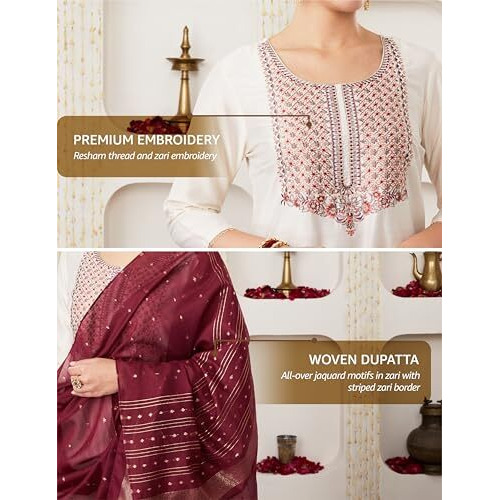 Amazon Brand - Myx Women's Embroidered Kurta Pant Set With Contrast Dupatta (Ss25-Myx-Ven-Ks-08_White_2Xl)