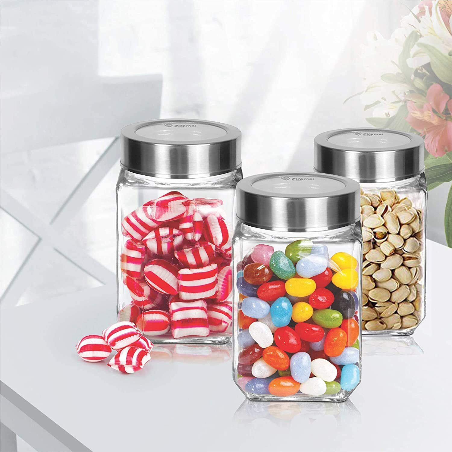 Piramal Glass Cubical Square 300Ml Transparent Glass Jars & Containers For Kitchen Pantry, Snacks, Masala, Honey, Jams, Pickles, Cookies, Dry Fruits, Coffee Beans Storage With Lid (300Ml, Set Of 3)