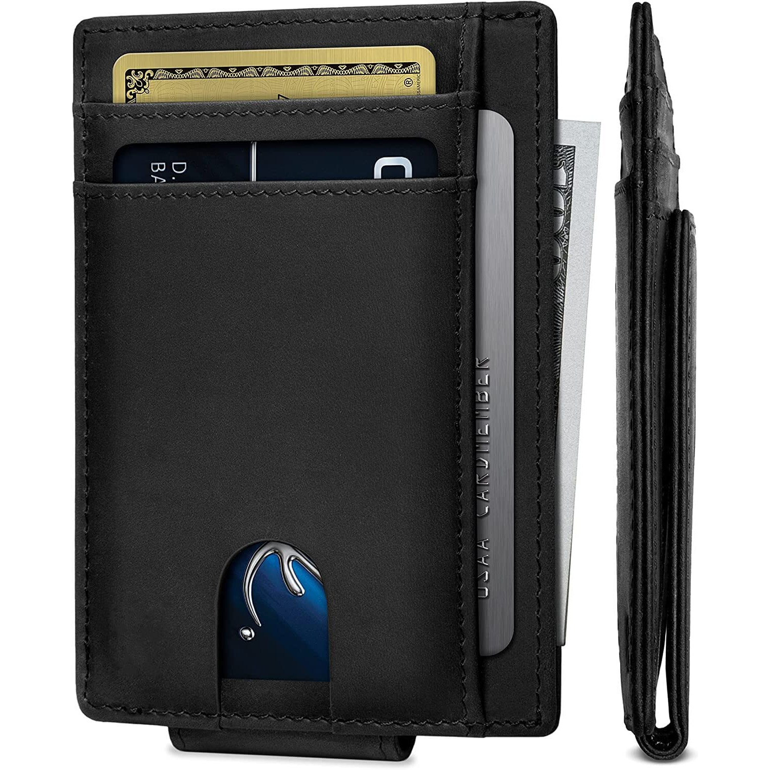 Contacts Front Pocket Wallet With Mag-Netic Money Clip Minimalist Rfid Genuine Leather Wallets For Men Slim Credit Card Card Holder | 8 To 10 Card Slots (Black)