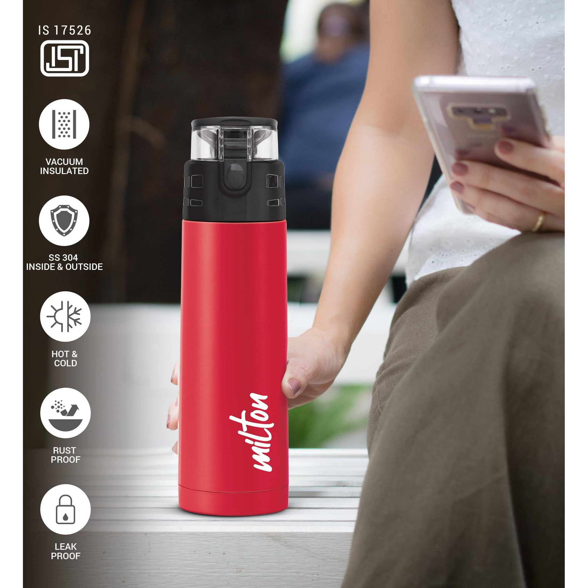 Milton Atlantis 400 Thermosteel Insulated Water Bottle, 350 Ml, Red | Hot And Cold | Leak Proof | Office Bottle | Sports | Home | Kitchen | Hiking | Treking | Travel | Easy To Carry | Rust Proof