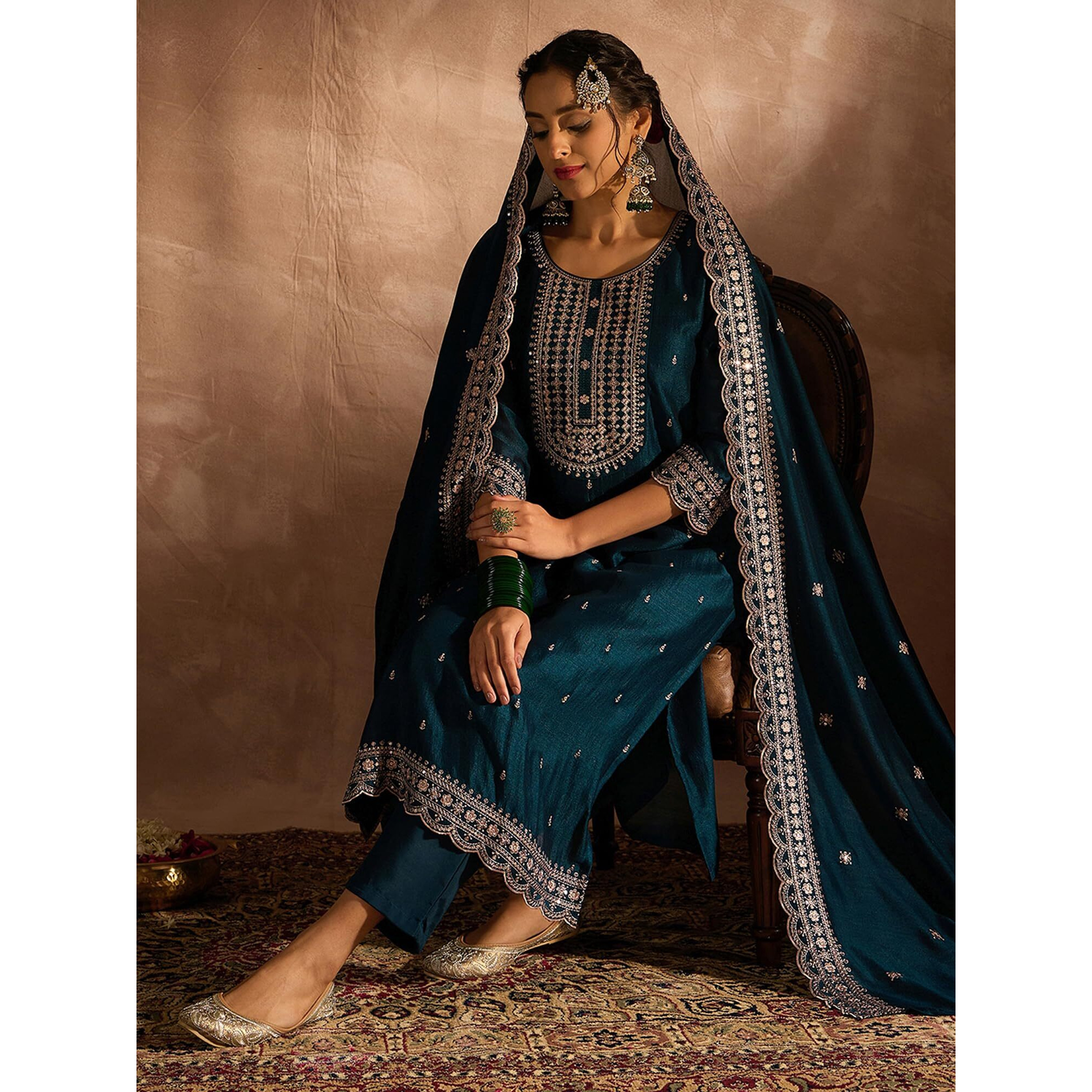 Indo Era Women's Embroidered Silk Blend Calf Length Straight Kurta & Pant With Dupatta Set (Kh9Tl6196_Large)