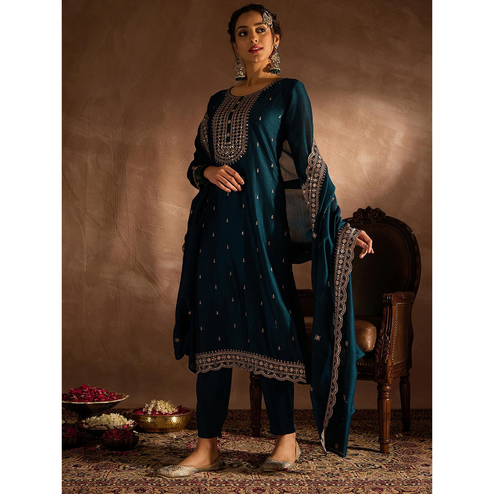 Indo Era Women's Embroidered Silk Blend Calf Length Straight Kurta & Pant With Dupatta Set (Kh9Tl6196_Large)