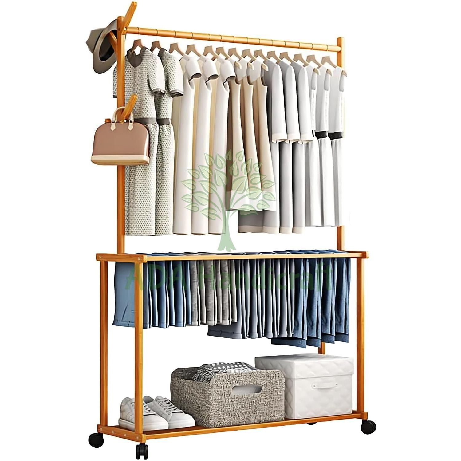Ada Handicraft  Premium Natural Bamboo Garment Rack, Clothes Rail, Tree Stand Coat Hanger For Jacket, Umbrella, Clothes, Hats, Scarf, And Handbags (Double Pole Rack - 100Cm)