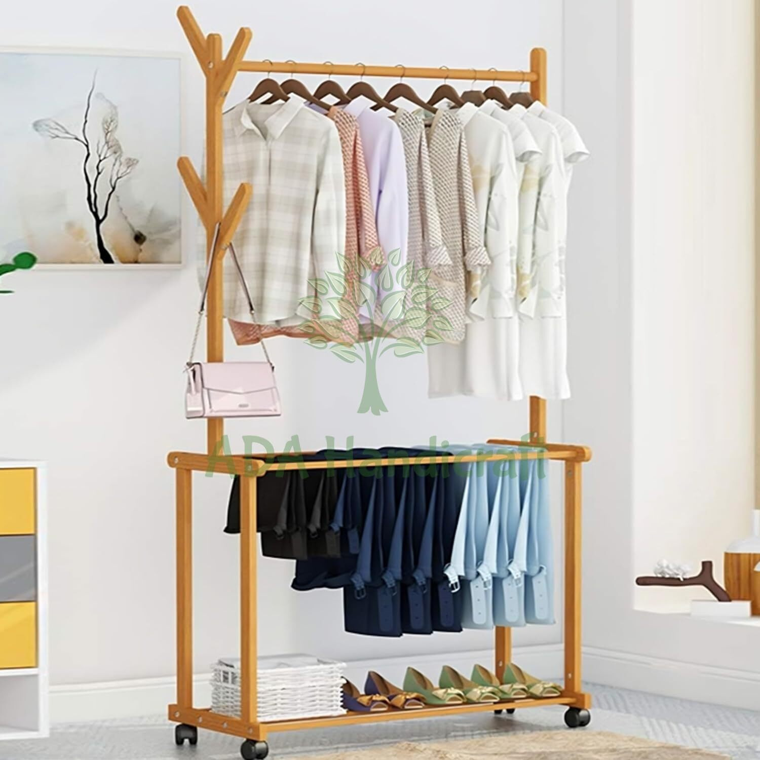 Ada Handicraft  Premium Natural Bamboo Garment Rack, Clothes Rail, Tree Stand Coat Hanger For Jacket, Umbrella, Clothes, Hats, Scarf, And Handbags (Double Pole Rack - 100Cm)