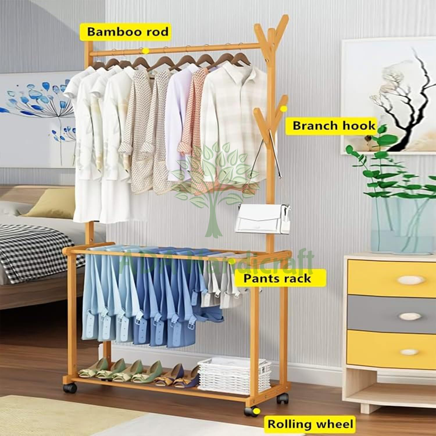 Ada Handicraft  Premium Natural Bamboo Garment Rack, Clothes Rail, Tree Stand Coat Hanger For Jacket, Umbrella, Clothes, Hats, Scarf, And Handbags (Double Pole Rack - 100Cm)